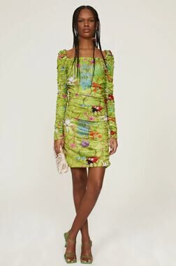 Aliette Bug Printed Green Ruched Long Sleeve Square Neck Mini Dress 6 S